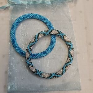 Set of 2 Sashka Mixed Blue & Pink/Silver/Blue Glass Beaded Bracelets